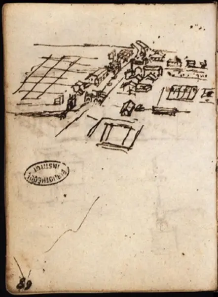 Leonardo da Vinci. Veduta di Cesenatico. Codice L. Parigi, Bibliothèque de l'Institut de France