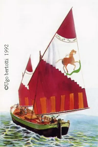 Ugo Bertotti. Bragozzo d'altura. 1992. Illustrazione jpg tratta da disegno originale ad acquarelli e matite colorate.