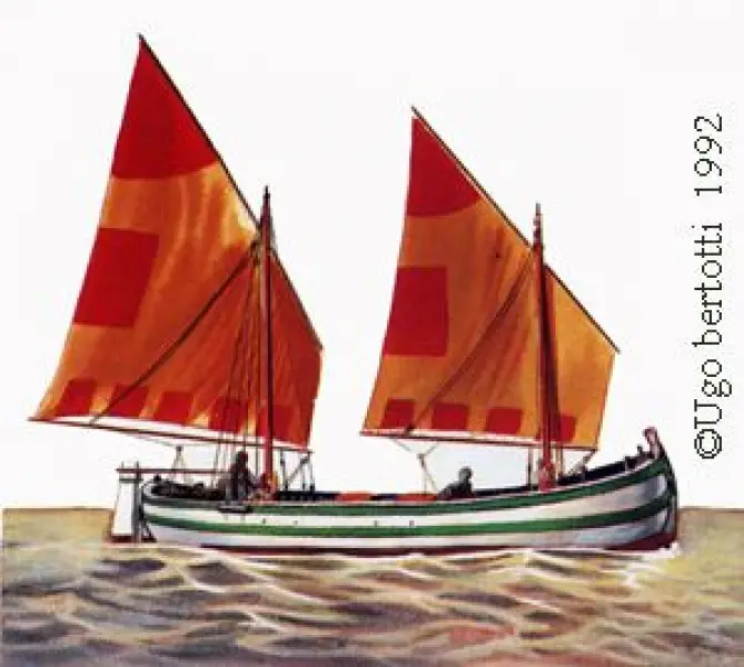 Ugo Bertotti. Trabaccolo da pesca. 1992. Illustrazione jpg tratta da disegno originale ad acquarelli e matite colorate.