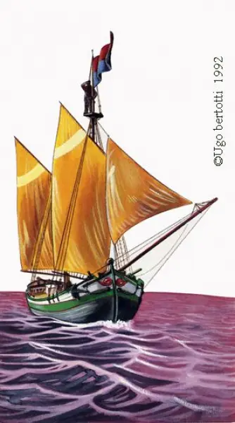 Ugo Bertotti. Trabaccolo da trasporto. 1992. Illustrazione jpg tratta da disegno originale ad acquarelli e matite colorate.