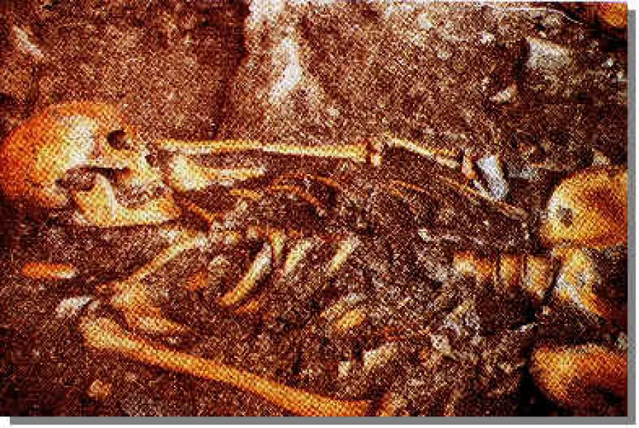 Tomba ad inumazione con scheletro di un cacciatore epigravettiano. circa 
15.000-10.000 anni fa. Proveniente dai Ripari Villabruna, Val Cismon (Belluno). Museo civico di Belluno