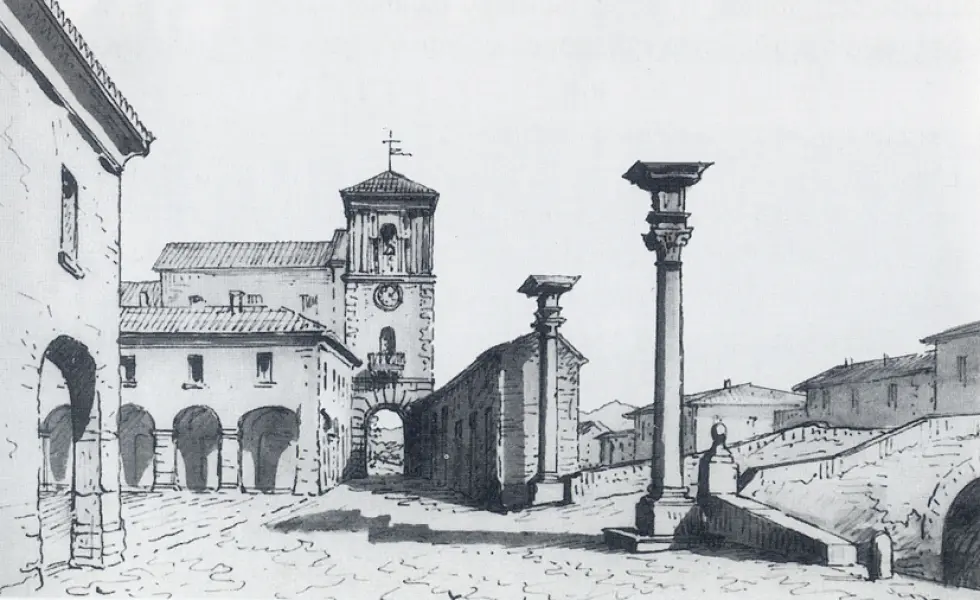 Romolo Liverani. Veduta di Cesenatico con la torre civica. Acquerello eseguito prima della distruzione del 1875. Fonte: D. Gnola, Cesenatico nella storia Edizioni Il ponte vecchio Cesena, 2008