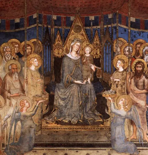 <p>Simone Martini. Maestà. Dett. 1315. Affresco con inserti in vetro, foglia d'oro e punzonatura, smalti, carta. Siena, Palazzo Pubblico.</p>