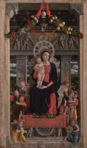 <p>Andrea Mantegna. Madonna col Bambino in Trono. Pala di San Zeno, pannello centrale. Tempera su tavola. 1457-60. Verona. San Zeno.</p>