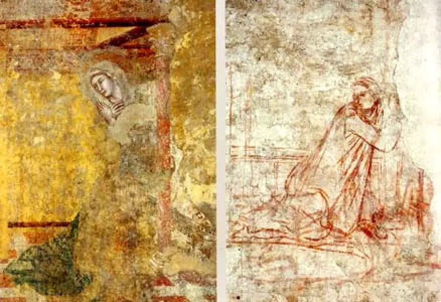 <p>Ambrogio Lorenzetti, La Vergine annunciata, affresco e sinopia,<br />1334-1340 (San Galgano, Oratorio di Montesiepi)</p>