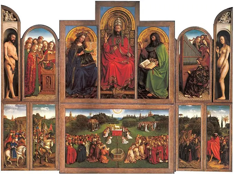 <p>Jan e Hubert Van Eyck. Polittico ell'Agnello Mistico. 1426-32. Olio su tavola. Gand, Cattedrale di San Bavone.</p>