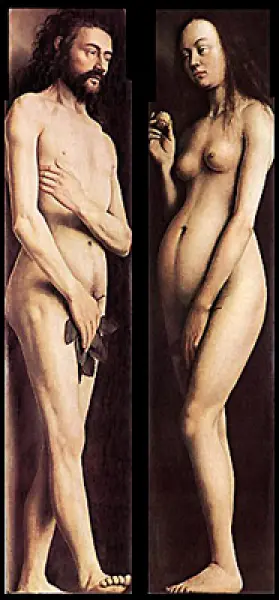 <p>Jan Van Eyck. Adamo ed Eva. Sportelli laterali del Polittico ell'Agnello Mistico. 1426-32. Olio su tavola. Gand, Cattedrale di San Bavone.</p>