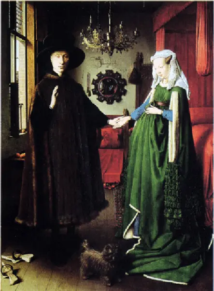 <p>Jan Van Eyck, Ritratto dei coniugi Arnolfini. Olio su tavola, cm 82x59,5 Londra, National Gallery</p>