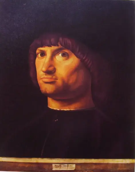 <p>Antonello da Messina. Ritratto d'uomo detto Il condottiero. 1475. Olio su tavola, trasferito su tela. cm.35X28. Parigi, Louvre.</p>