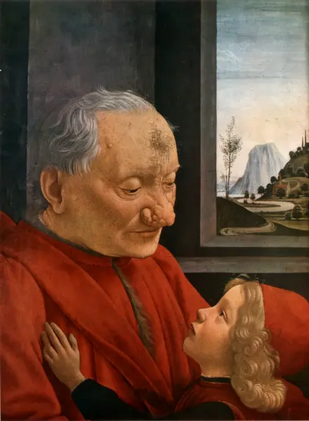 <p>Domenico Ghirlandaio. Ritratto di vecchio con nipote. 1490 circa. Tempera su tavola. cm.62X46. Parigi, Louvre.</p>