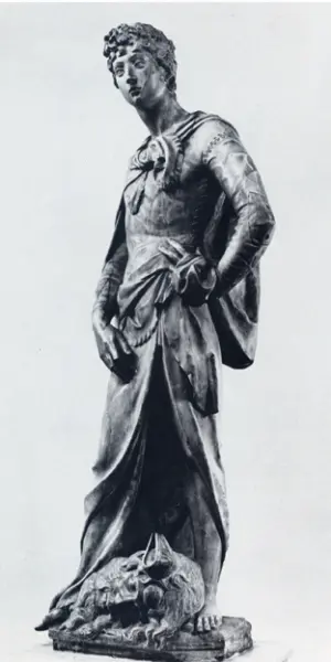 <p>Donatello. David. 1408-16. Marmo. cm. 191X57,5 alla base. Firenze, Museo Nazionale del Bargello.</p>