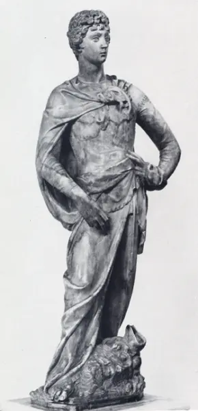 <p>Donatello. David. 1408-16. Marmo. cm. 191X57,5 alla base. Firenze, Museo Nazionale del Bargello.</p>