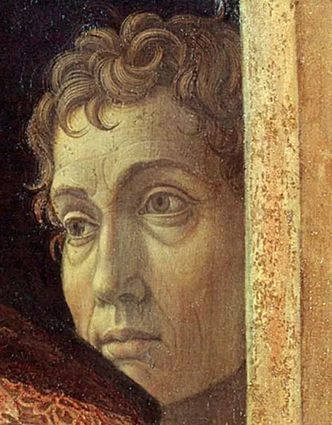 <p>Andrea Mantegna. Presentazione al Tempio. 1455. Dett. con l'autoritratto dell'artista. Tempera su tavola. cm 68,9 × 86,3. Berlino, Staatliche Museen</p>