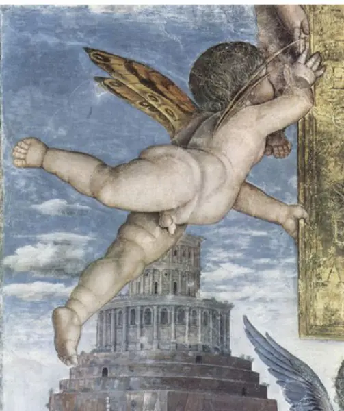 Andrea Mantegna. Putto come angelo. 1474. Affresco. Part. Camera degli Sposi, Mantova, Palazzo ducale.