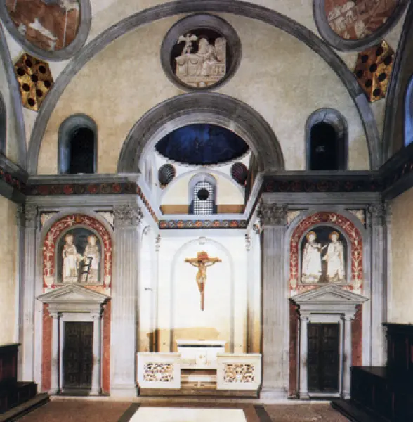 <p>Filippo Brunelleschi. Interno della Sacrestia Vecchia di San Lorenzo 1428. Decorazione di Donatello terminata nel 1443.</p>