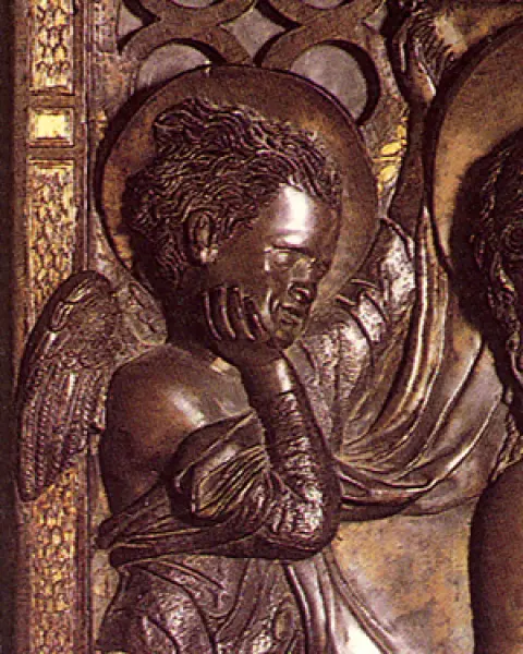 <p>Donatello. Compianto sul Cristo morto. Part. Bronzo dorato. Altare del Santo. 1450. Padova,  Basilica di Sant'Antonio.</p>