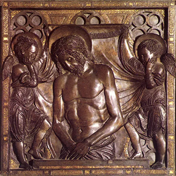 <p>Donatello. Compianto sul Cristo morto.  Bronzo dorato. Altare del Santo. 1450. Padova,  Basilica di Sant'Antonio.</p>