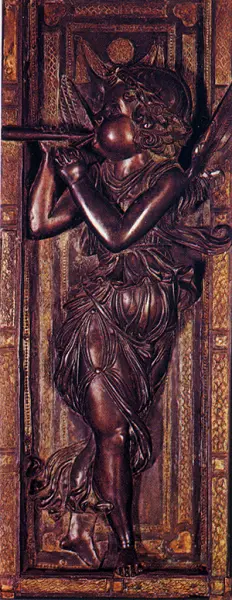 <p>Donatello. Angelo flautista. Bronzo dorato. Altare del Santo. 1450. Padova,  Basilica di Sant'Antonio.</p>