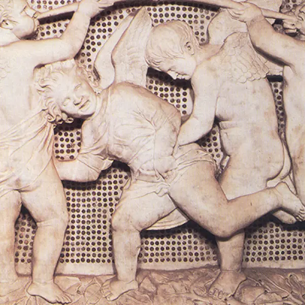 <p>Donatello. Cantoria. 1433-39. Dett. Marmo, mosaico e bronzo. cm. 348X570. Firenze, Museo dell'Opera del Duomo.</p>