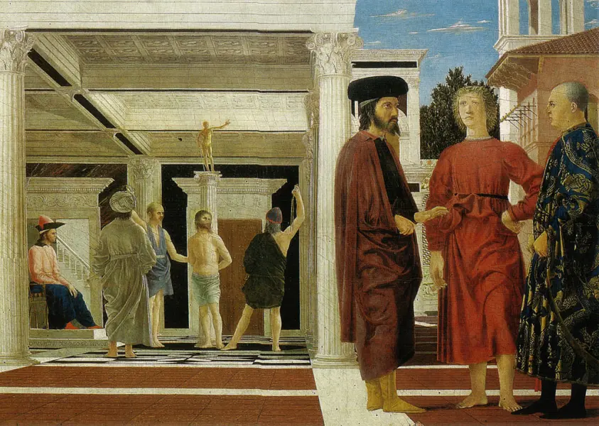 <p>Piero della Francesca. Flagellazione. 1453. Olio su tavola. 58,4×81,5 cm. Urbino, Galleria Nazionale delle Marche.</p>