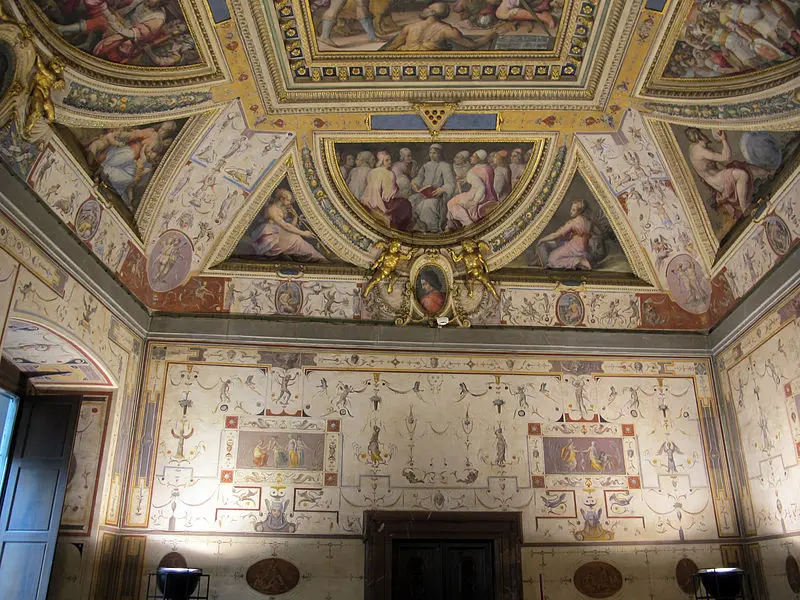 <p>Sala di Lorenzo il Magnifico. Palazzo vecchio, Firenze. Foto di Sailko</p>