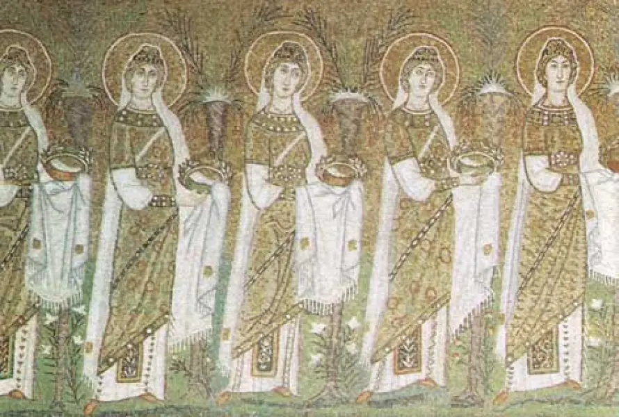 <p>Corteo delle Vergini. VI sec. Mosaico. Sant'Apollinare Nuovo, Ravenna </p>