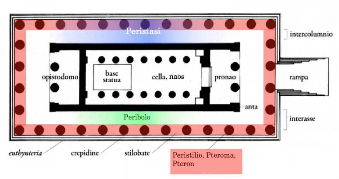 <p>Pianta di un tempio peiptero. Schema riassuntivo. In rosa è evidenziata la peristasi. Immagine tratta da wikipedia</p>