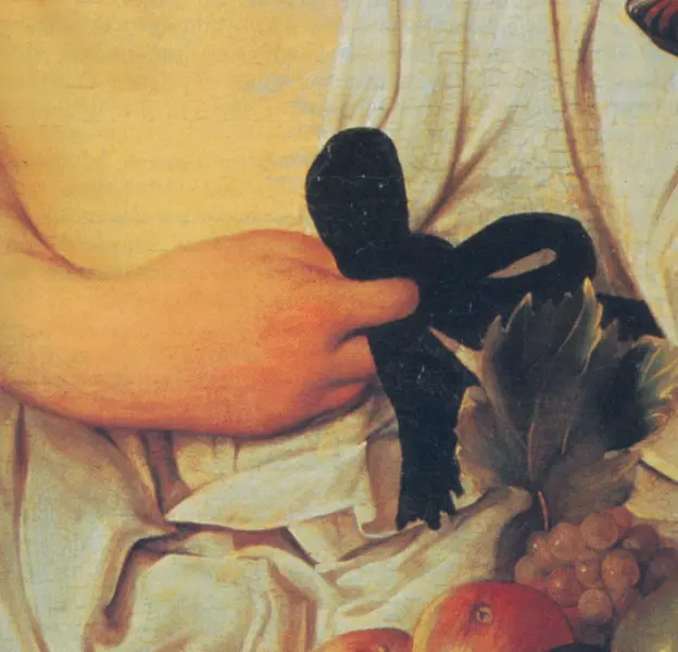 <p>Caravaggio. Bacco. 1593-94. Part. del nodo. Olio su tela. cm. 95X85 Firenze, Uffizi</p>