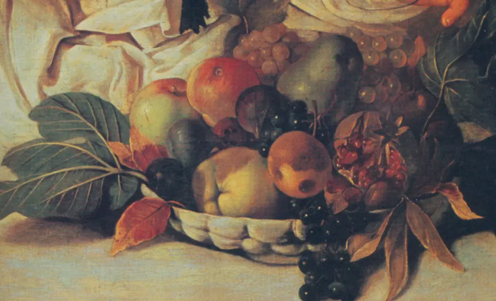<p>Caravaggio. Bacco. 1593-94. Dett della cesta di frutta. Olio su tela. cm. 95X85 Firenze, Uffizi</p>