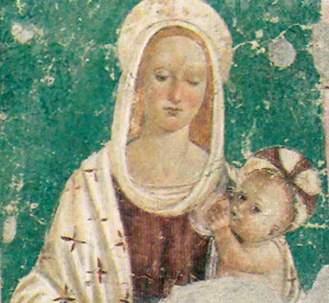 <p>Anonimo seguace di Ghirlandaio. <em>Madonna che allatta il Bambino</em>. Dett.<br />Affresco. sec.XVI. Museo Civico Mambrini, Pianmetto, Galeata.</p>