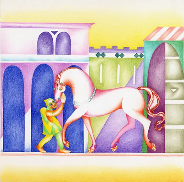 <p>Alessandra Cocchi. La fiaba del Gobbo Tabagnino. La cavalla. Pastelli e acquarello su carta. 1996 cm. 21X21. Copyright  A. Cocchi ©</p>