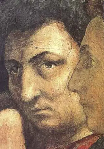 Masaccio. Presunto autoritratto. Part. del Tributo. Afrreschi della Cappella del Carmine. 1423-28. 

Firenze.