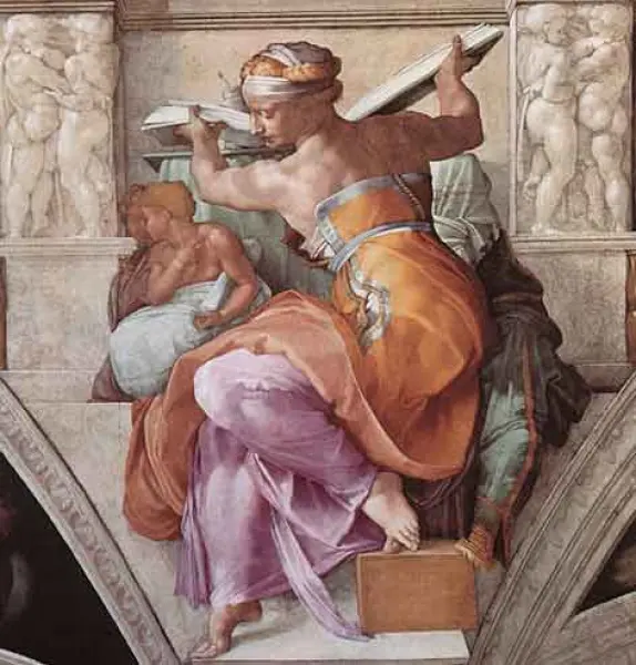 <p>Michelangelo. Sibilla libica. Affresco. 1508-12. Part. Cappella Sistina. Roma, Vaticano.</p>