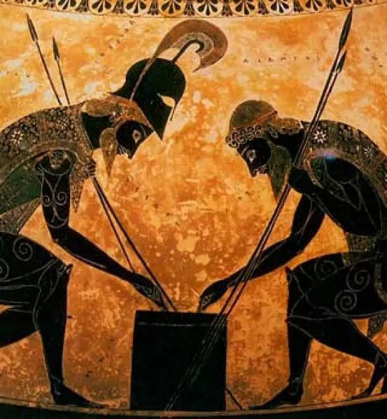 Exechias. Achille e Aiace che giocano a dadi. Part. Anfora dipinta a figure nere. 550-525 a. C. ca. Roma, Vaticano, Museo Etrusco-Gregoriano.