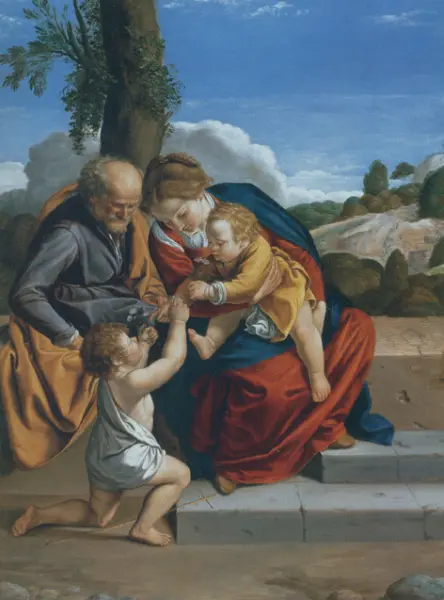 <p>Orazio Gentileschi. Sacra Famiglia con san Giovanni Battista bambino. 1607-08. Olio su rame. Collezione privata.</p>