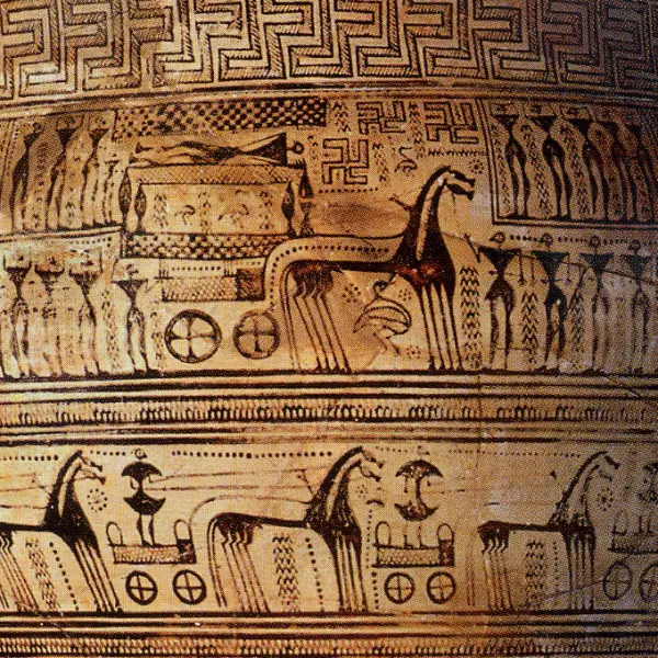 <p>Cratere funerario. (Part.) 740 ca. a. C. Proveniente dal Dipylon. Ceramica dipinta a vernice nera. h. 123 cm. Atene, Museo Archeologico Nazionale.</p>