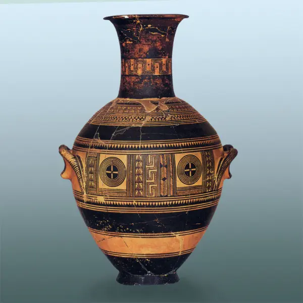 <p>Anfora (fine protogeometrico-geometrico iniziale). Ceramica dipinta con vernice nera. X-IX sec. a.C. Atene, Museo della Ceramica.</p>