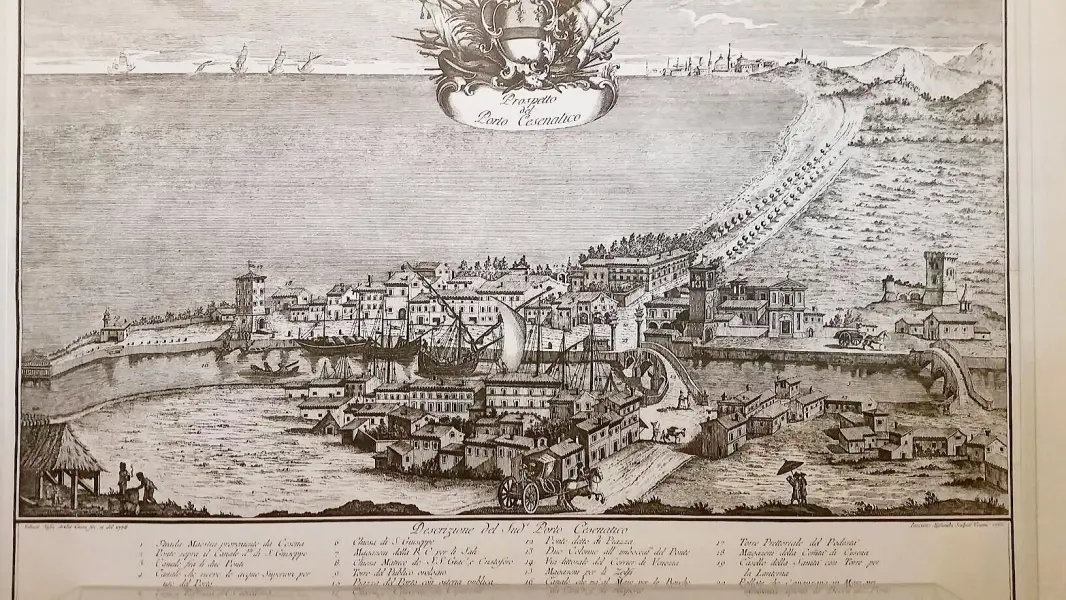 <p>Sebastiano Sassi. Incisione con veduta di Cesenatico, 1778</p>