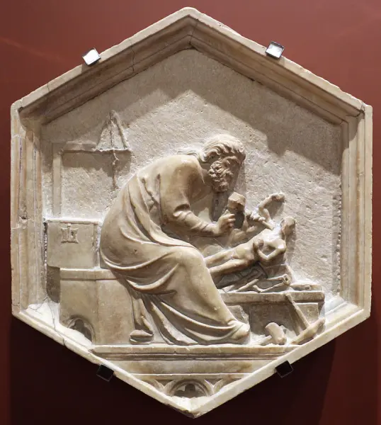 <p>Andrea Pisano. La scultura. 1334-36. marmo. Formella del Campanile di Giotto, Firenze.Foto Di Sailko - Opera propria, CC BY 3.0, https://commons.wikimedia.org/w/index.php?curid=45863888</p>