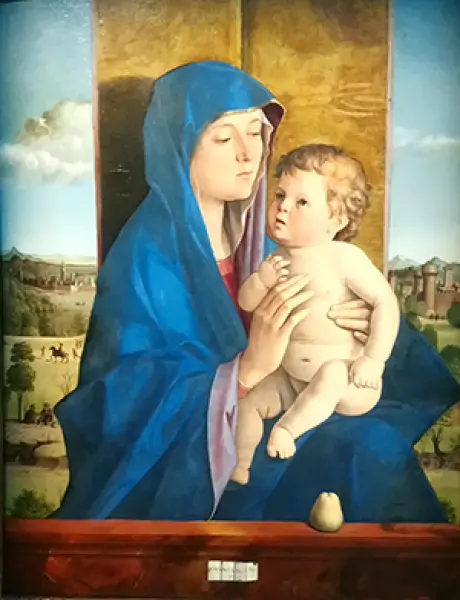 <p>Giovanni Bellini. Madonna di Alzano/Madonna Morelli. Olio su tavola, 84.3 x 65.5 cm, ca. 1485, Accademia Carrara - Bergamo</p>