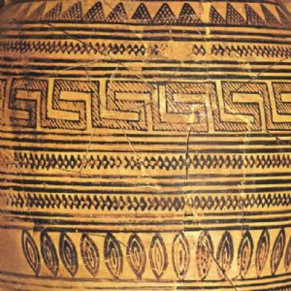 <p>Stamnos. proveniente dall'Attica. Dett. della decorazione. 800 a. C. ca. ceramica dipinta. Atene, Museo ceramico.</p>