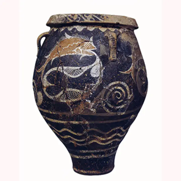 <p>Pithos 1900-1700 ca. a. C. Proveniente da Festo. Ceramica dipinta in stile Kamares. Heraklion, Museo Archeologico</p>