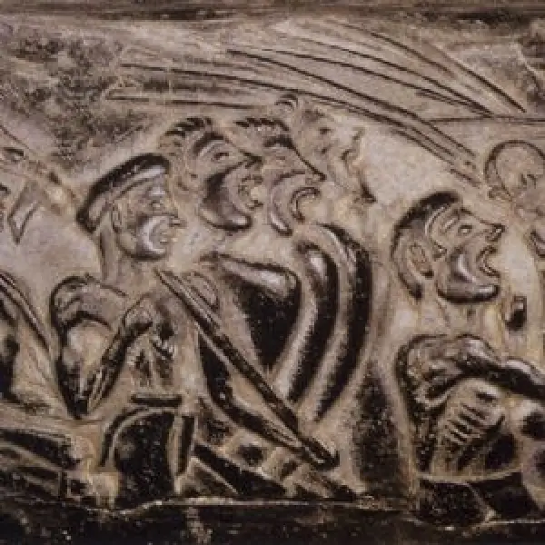 <p>Vaso dei mietitori. part dei cantanti. 1500 a. C. Steatite nera. Proveniente dalla villa presso Haghia Triada. Heraklion Museo Archeologico.</p>