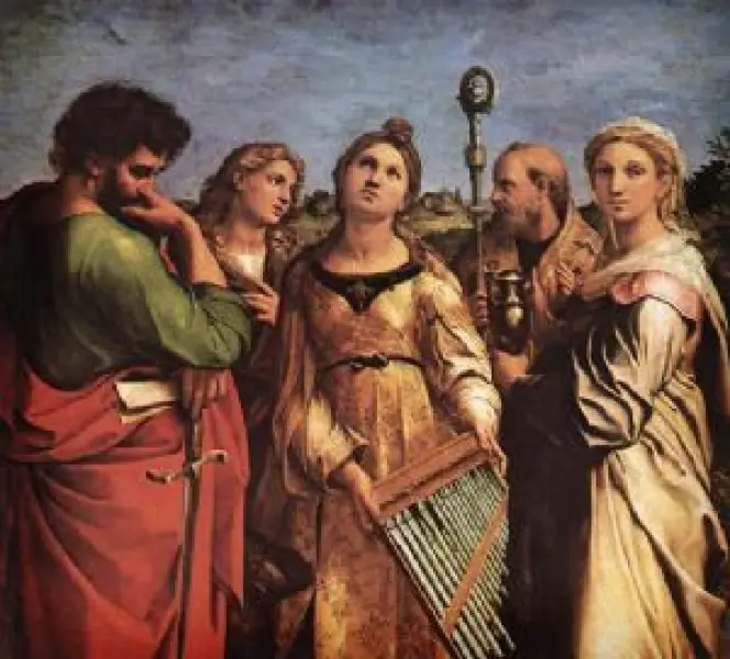 <p>Raffaello Sanzio. <em>Santa Cecilia</em>. Dett. 1514. Olio su tela. 220X136cm. Bologna Pinacoteca Nazionale.</p>