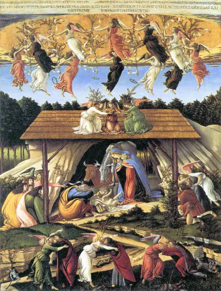 <p>Sandro Botticelli. Natività mistica. 1501. tempera su tela. cm.108X75. Londra, National Gallery</p>