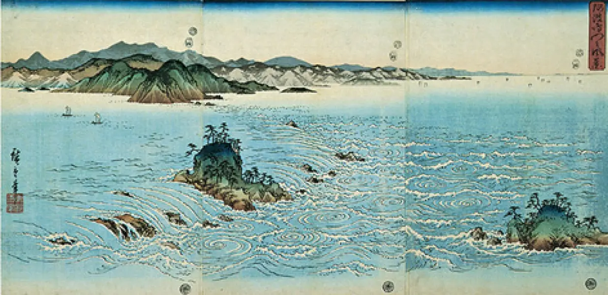 Utagawa Hiroshige. Mare, luna e fiori: viaggio da Naruto ad Awa. 1857. Trittico a stampa. Ogni elemento cm. 37,9X26. Tokyo, Riccar Art Museum