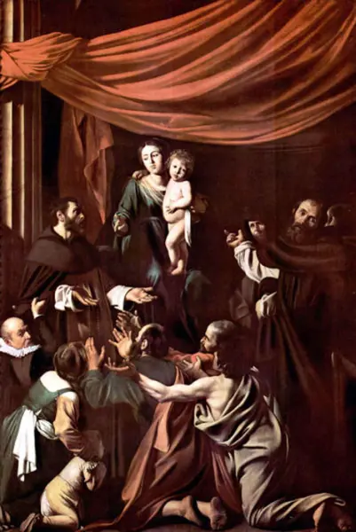 Caravaggio. Madonna del Rosario. 1606. Olio su tela. Vienna, Kunsthistorisches Museum