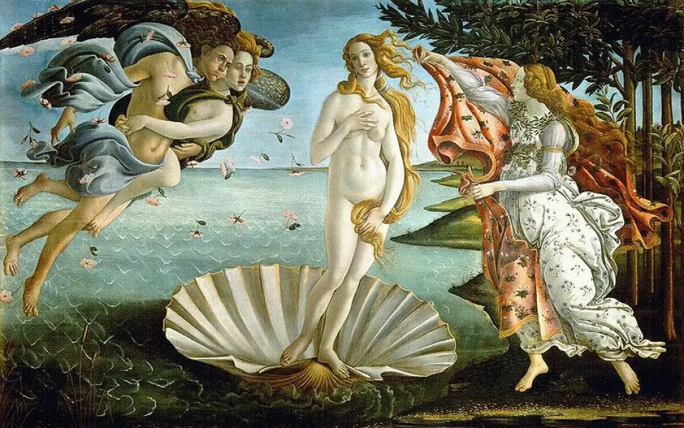 Sandro Botticelli. La nascita di Venere. 1485. tempera su tela inchiodata su tavola. cm. 172X278. Firenze, Uffizi