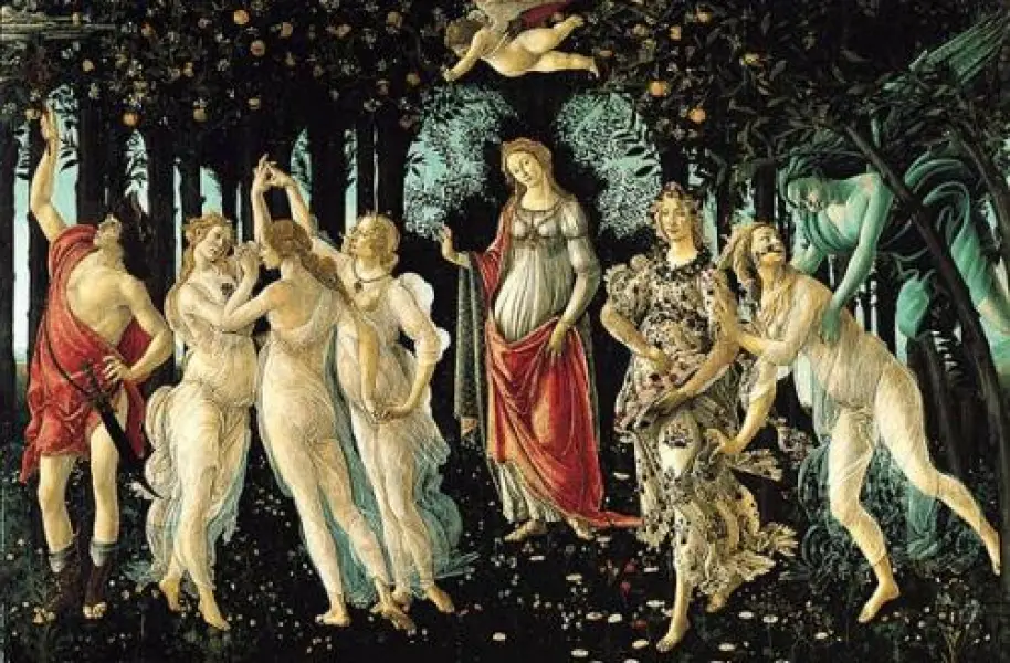 <p>Sandro Botticelli. La Primavera. 1482 ca.  Tempera su tavola. cm. 203X314. Firenze, Uffizi</p>