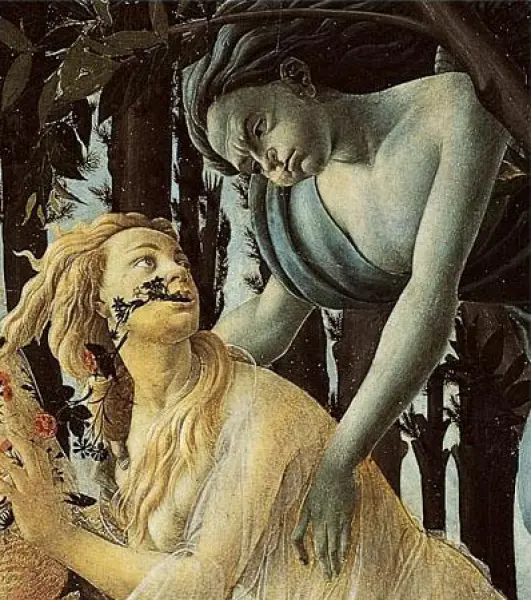 <p>Sandro Botticelli. La Primavera. Part. di Zefiro e Clori. 1478-80. Tempera su tavola. cm. 203X314</p>
